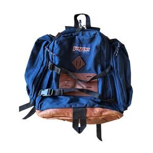 Vintage Jansport USA Made Extra Large Multi Pocket Navy Blue Leather Backpack